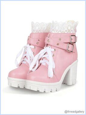 Womens Lace Up Chunky Platform Ankle Boots Gothic Buckle Strap PU Leather
